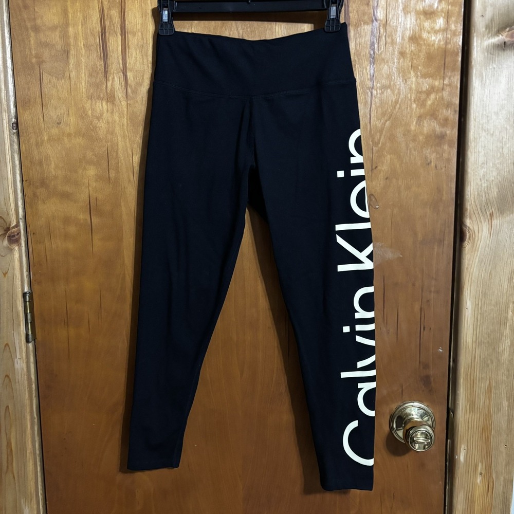 Calvin Klein Performance Black Capri Leggings Silver Logo High Waist Women Sm